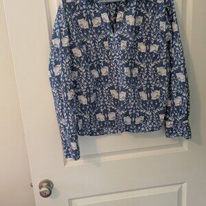 Talbots L Women’s Long Sleeve Collared Cotton Top V Neck Blue Floral